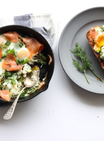 Spring Asparagus and Smoked Salmon Baked Eggs